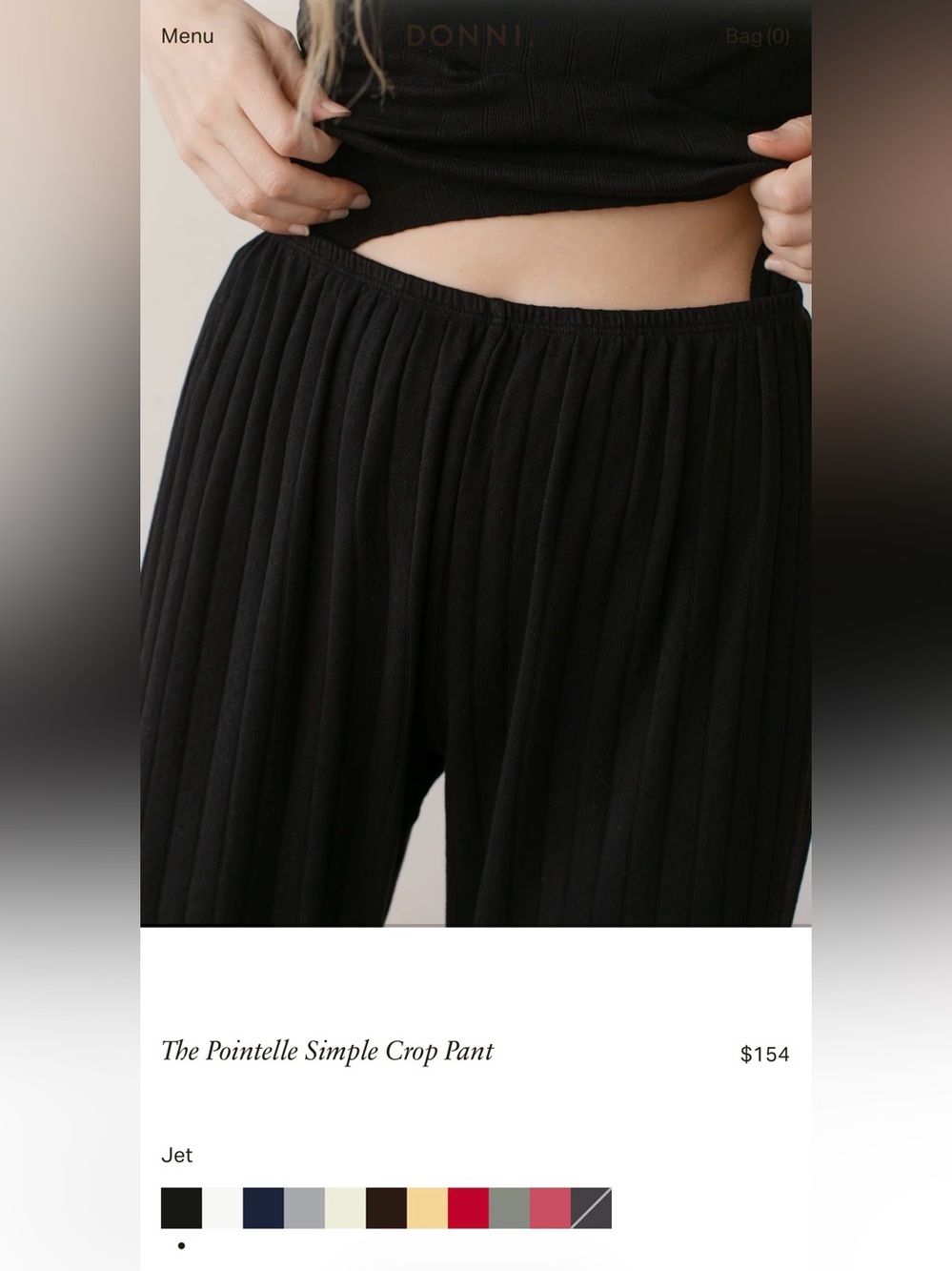 DONNI. The Pointelle Simple Crop Pant in Jet
